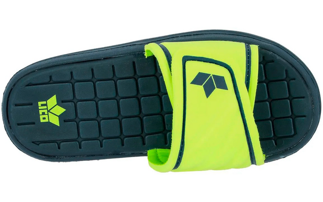 Neongelbe Slide-Pantolette mit dunklem Fußbett und Logo, Draufsicht