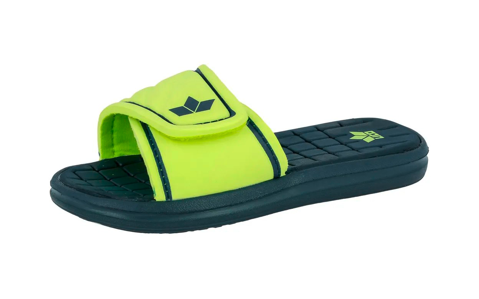 Neongelber Slide mit offener Vorderseite, dunkelblauer Sohle und kleinem dunkelblauem Logo auf Riemen und Fußbett