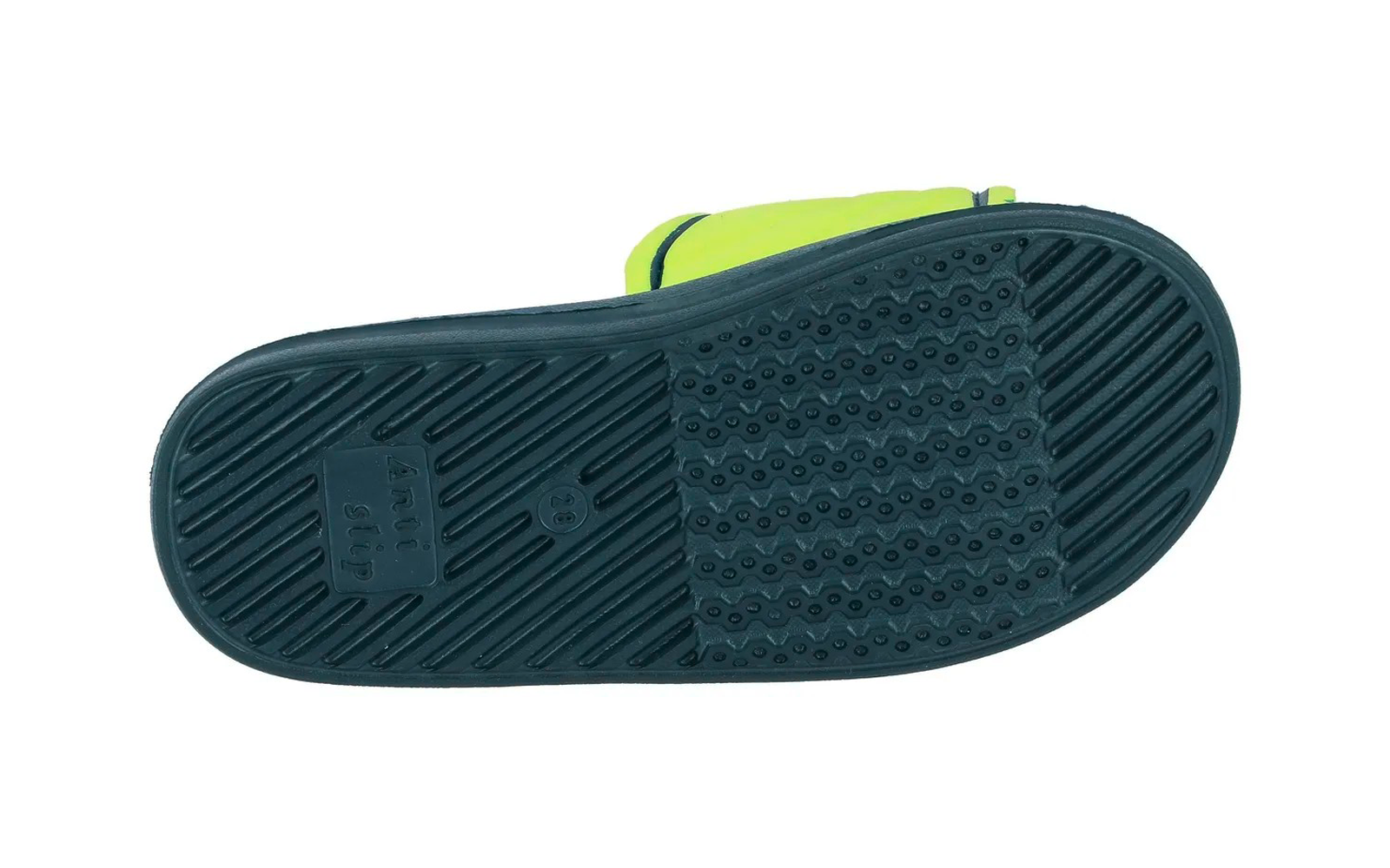 Unterseite eines einzelnen Schuhs mit dunkelgrüner Sohle und neongelbem Riemen auf weißem Hintergrund