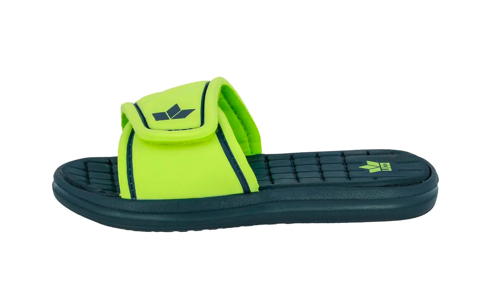 Einzelne Badeschlappe mit neongelbem Riemen mit Klettverschluss und dunkelblauer Sohle, Fußbett mit quadratischem Muster