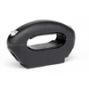 Objet noir à la forme ergonomique avec une ouverture ovale pour la main, une large base et un bord métallique visible