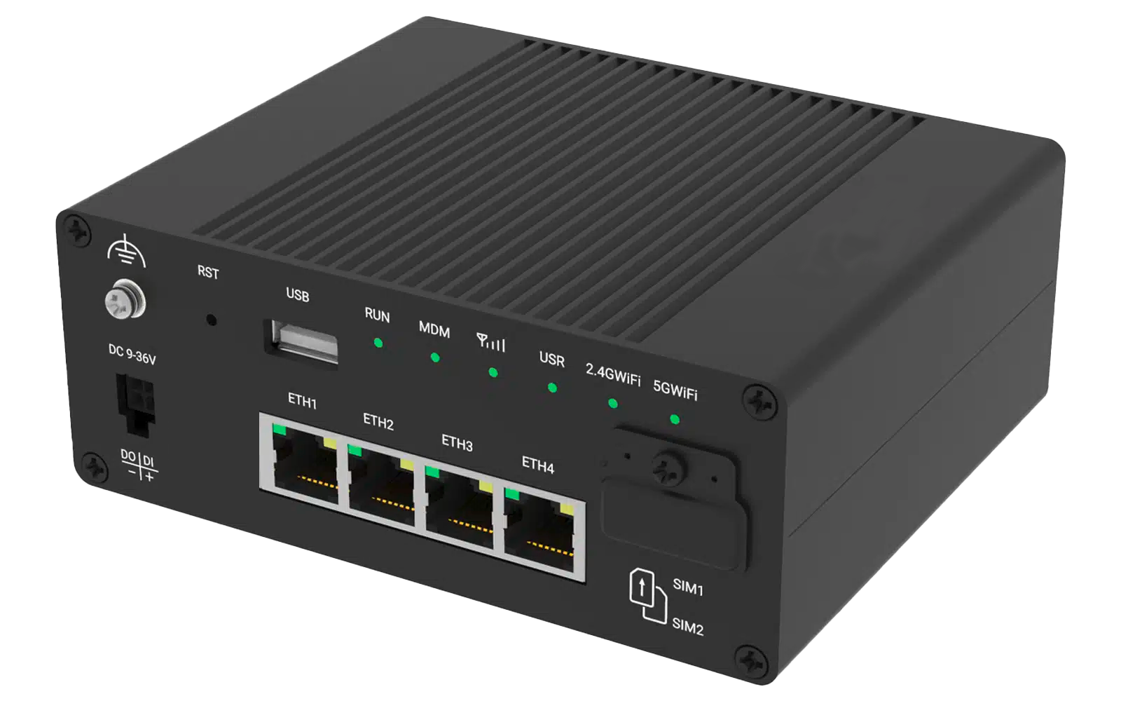 Schwarzes rechteckiges Metallgehäuse mit geriffelter Oberseite, vier Ethernet‑RJ45‑Ports nebeneinander, USB‑Anschluss, DC‑Strombuchse, zwei SIM‑Kartensteckplätze und mehrere LED‑Anzeigeleuchten