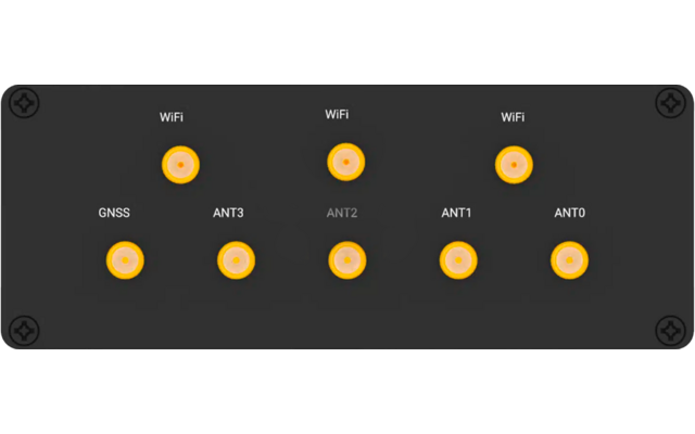 Dunkles Panel mit acht gelben runden Anzeigen in zwei Reihen; oben drei mit der Beschriftung WiFi, unten fünf mit den Beschriftungen GNSS, ANT3, ANT2, ANT1, ANT0, Schrauben in den Ecken