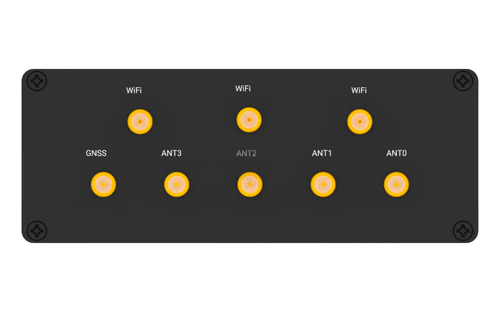 Dunkles Panel mit acht gelben runden Anzeigen in zwei Reihen; oben drei mit der Beschriftung WiFi, unten fünf mit den Beschriftungen GNSS, ANT3, ANT2, ANT1, ANT0, Schrauben in den Ecken