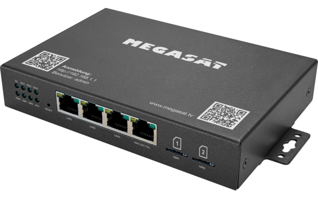 Schwarzes rechteckiges Metallgehäuse mit der Aufschrift 'MEGASAT', vier Ethernet-Ports mit LEDs, zwei QR-Codes auf der Oberseite, mehrere Status-LEDs und zwei Montagelaschen