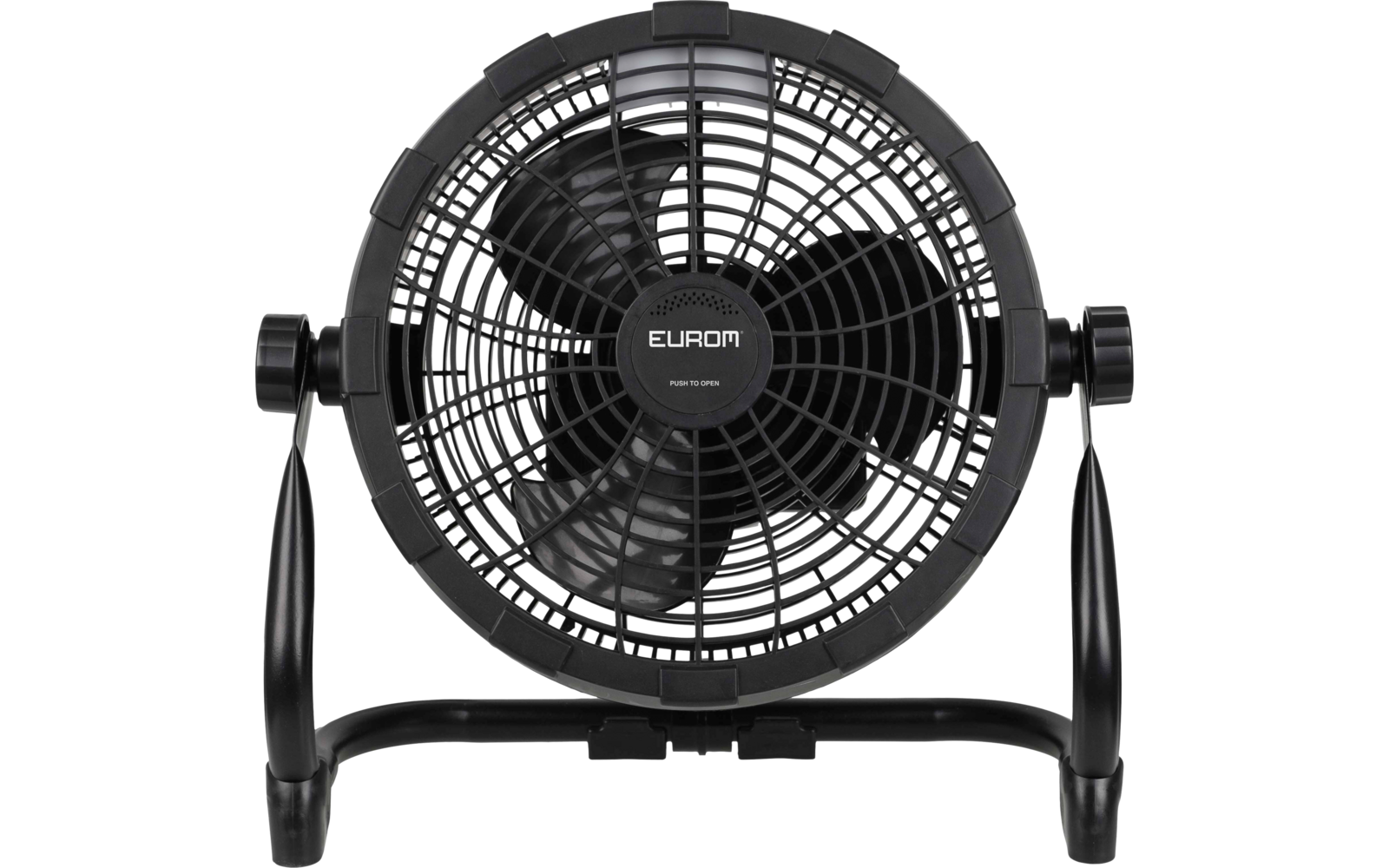 Schwarzer Tischventilator mit rundem Schutzgitter, drei Lüfterblättern, 'EUROM'-Schriftzug und gebogenem Standfuß