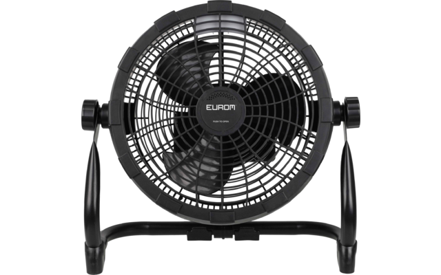 Schwarzer Tischventilator mit rundem Schutzgitter, drei Lüfterblättern, 'EUROM'-Schriftzug und gebogenem Standfuß