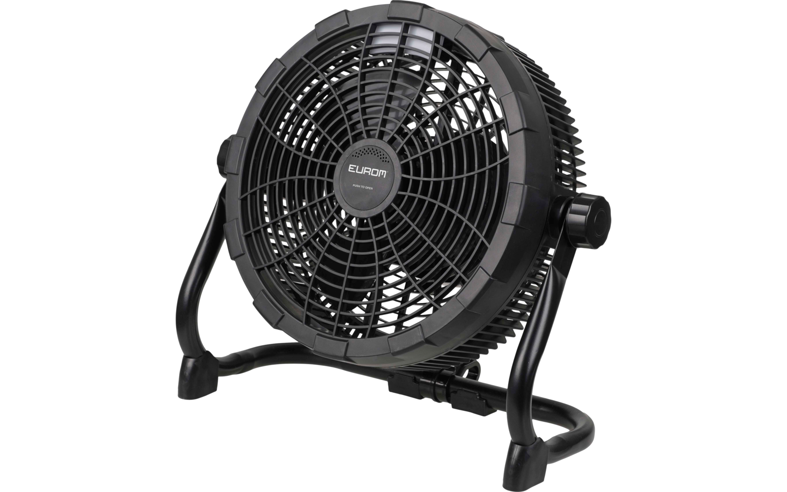 Schwarzer runder Tischventilator mit Schutzgitter, sichtbaren Blättern, EUROM-Logo in der Mitte und schwarzem Stand