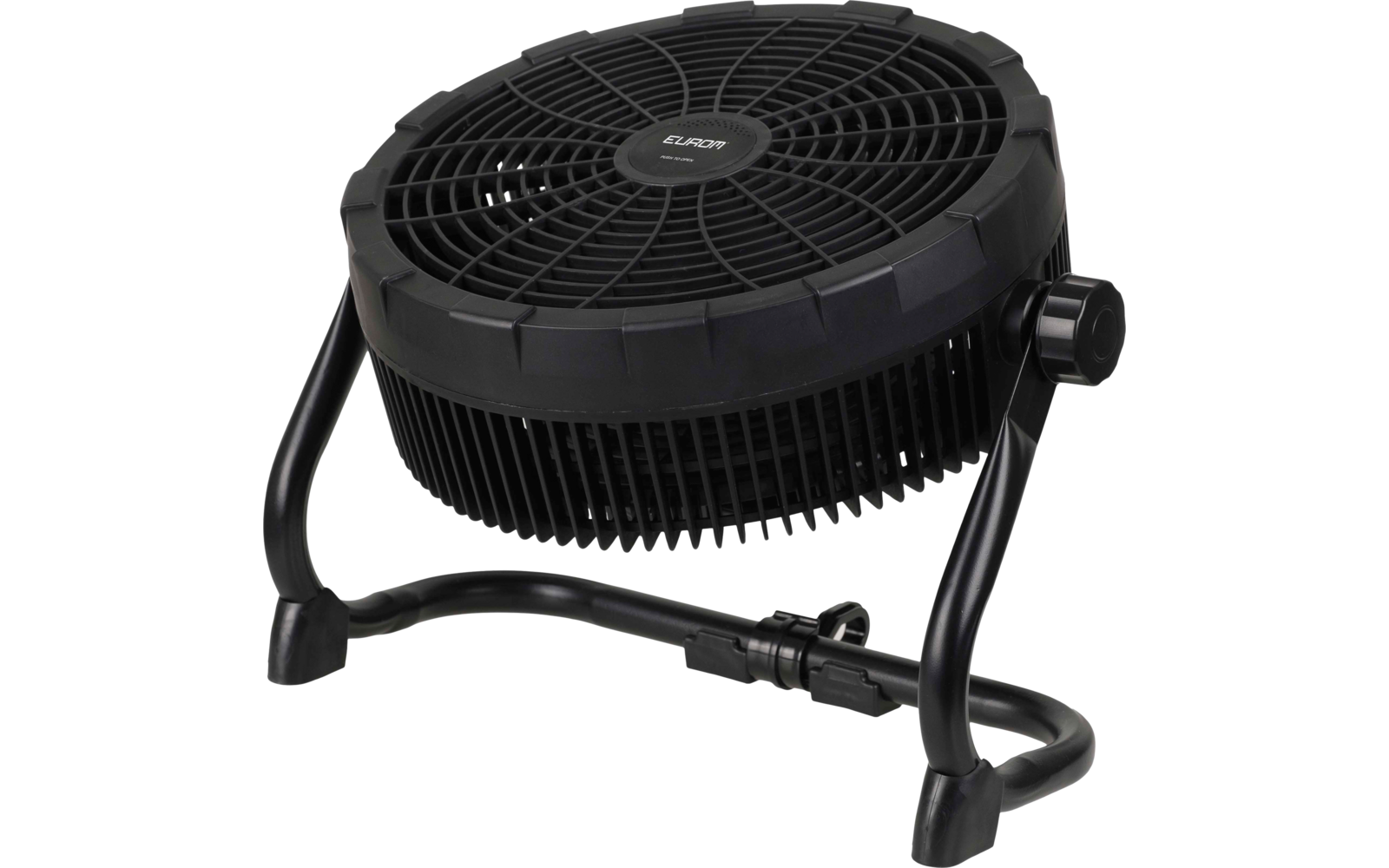 Schwarzer runder Ventilator auf gebogenem Zweibein-Ständer, sichtbares Schutzgitter