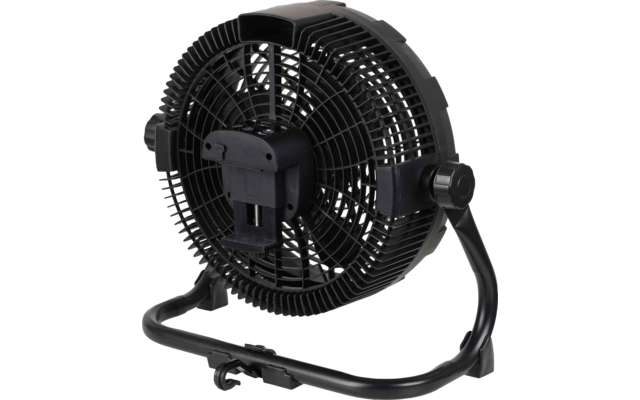 Schwarzer, runder Ventilator mit Schutzgitter und gebogenem Standfuß