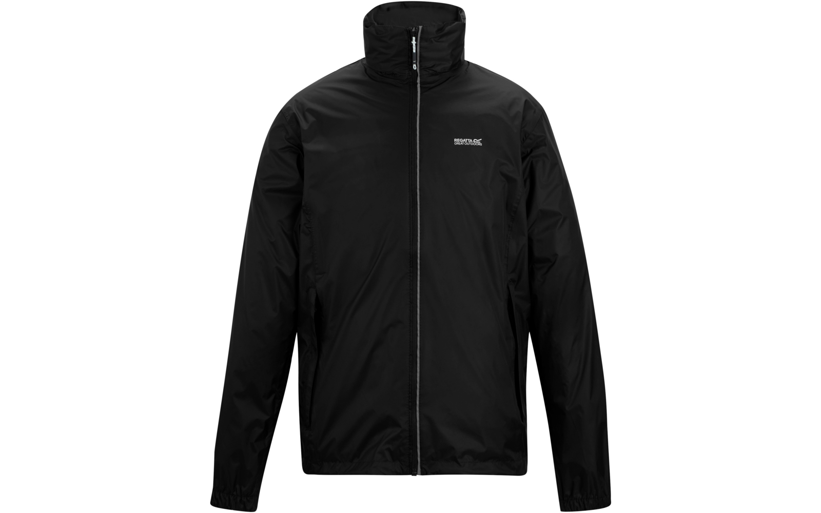 Schwarze, langärmlige Jacke mit Stehkragen, durchgehendem Reißverschluss und kleinem weißen Logo auf der Brust