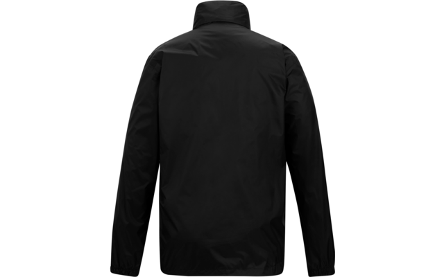 Schwarze Jacke, Rückansicht, lange Ärmel, hoher Stehkragen, glatte Oberfläche