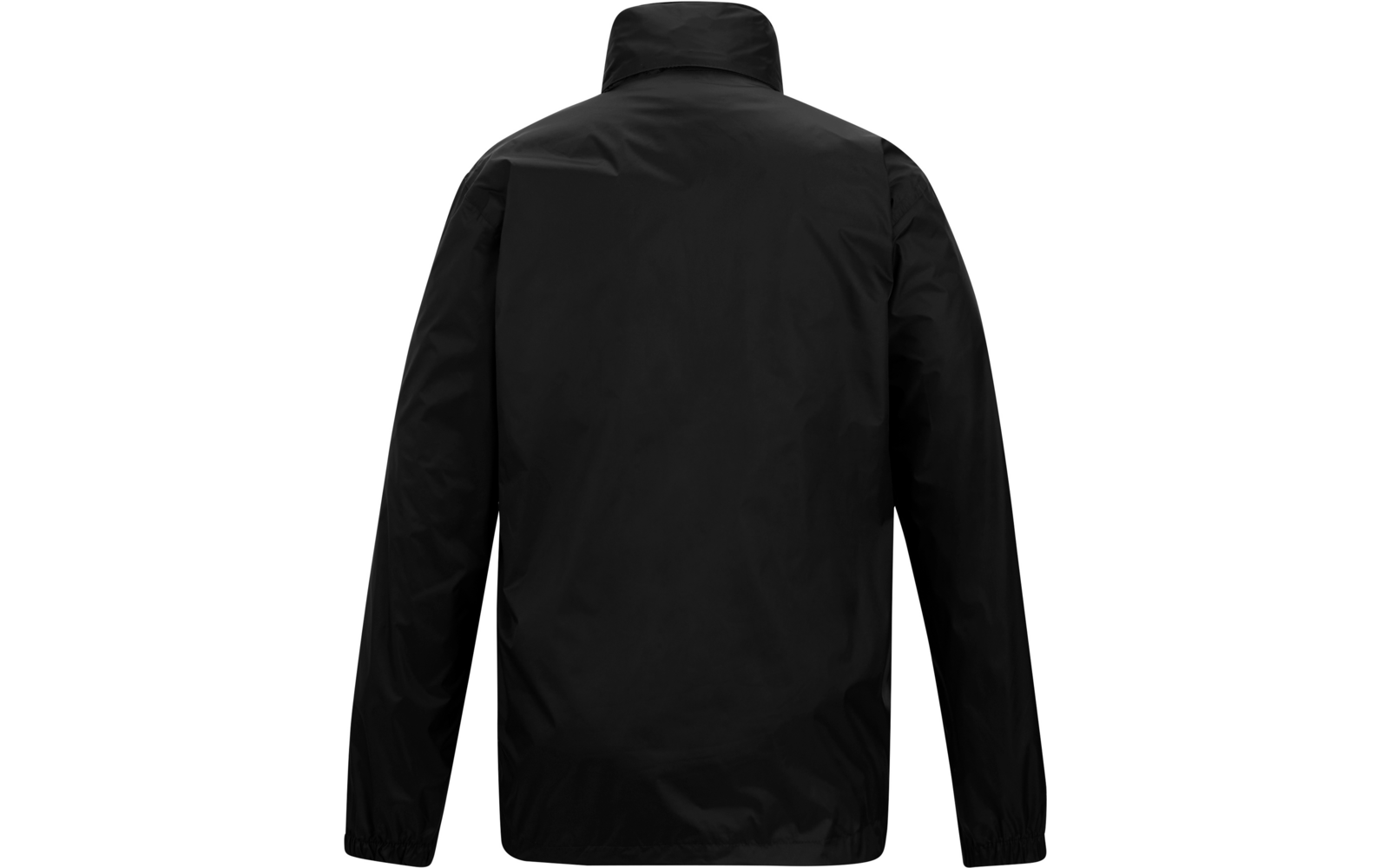 Schwarze Jacke, Rückansicht, lange Ärmel, hoher Stehkragen, glatte Oberfläche