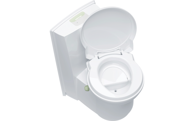 Wit draagbaar campingtoilet met geopend deksel