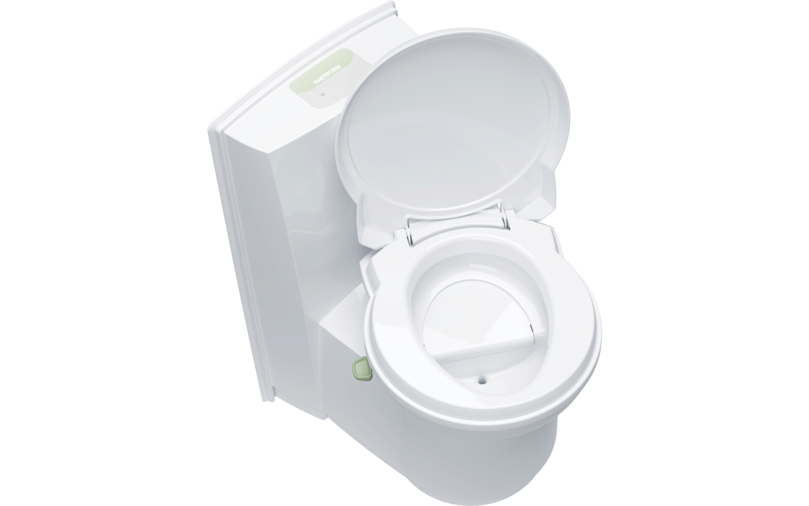 Wit draagbaar campingtoilet met geopend deksel
