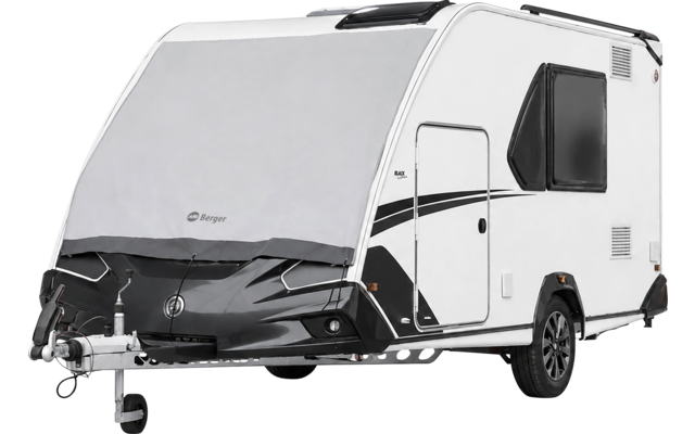 White compact travel trailer with one visible wheel, tow hitch, black front panel and side window on a white background