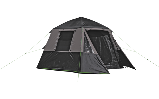 Tente noire avec portes ouvertes et haubans vert clair sur fond blanc