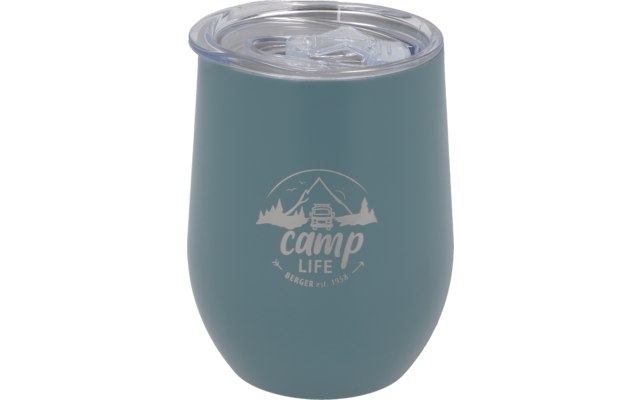 Blauwe thermosbeker met doorzichtig deksel en 'camp LIFE' opdruk met bergmotieven