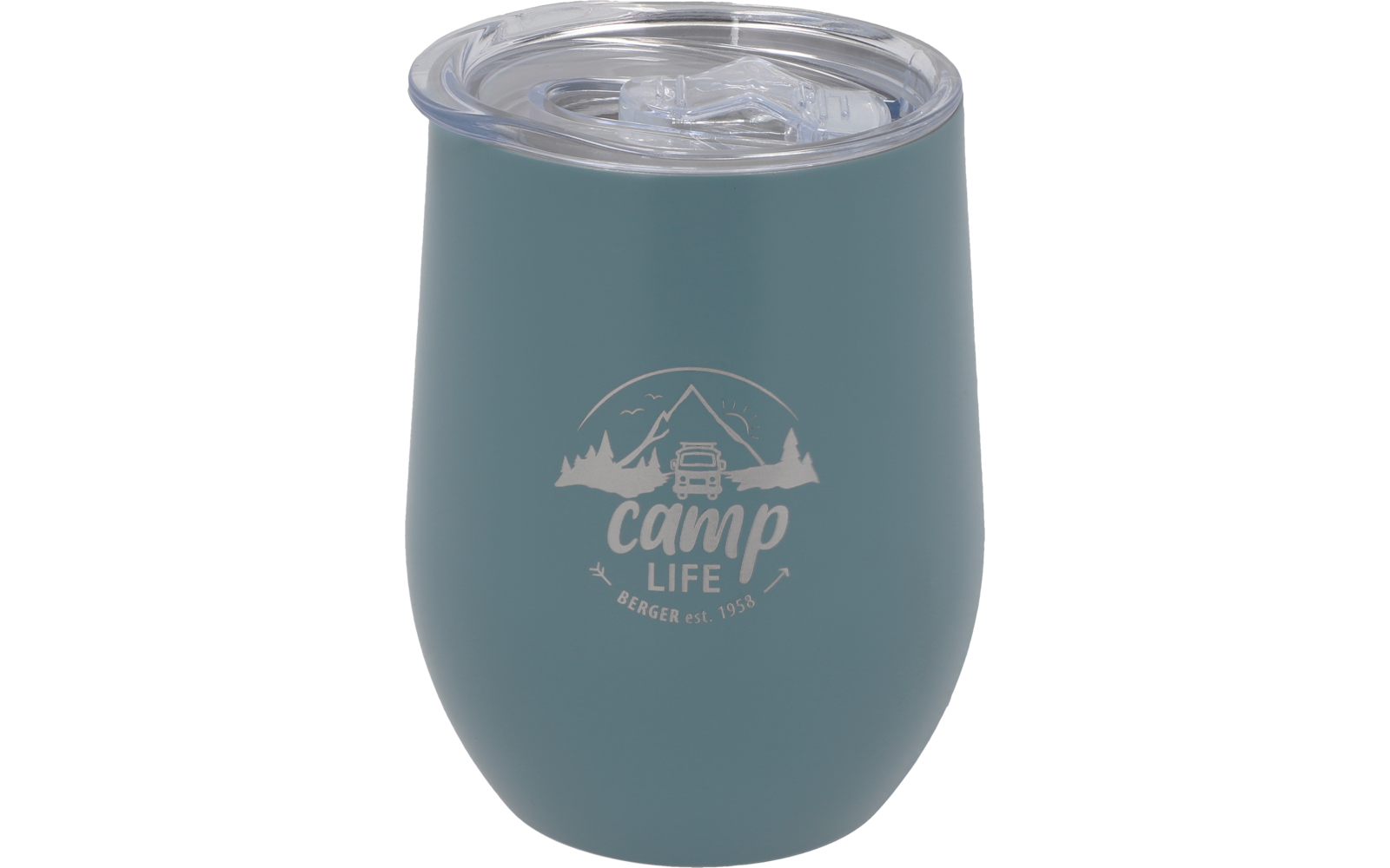Blauwe thermosbeker met doorzichtig deksel en 'camp LIFE' opdruk met bergmotieven