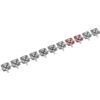 Diagonal row of small round five-lobed pieces on a white background; two central pieces red, the others gray