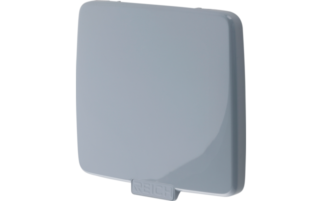 Couvercle carré en plastique gris-bleu clair, coins arrondis, surface brillante et petite languette rectangulaire en bas avec inscription en relief REICH