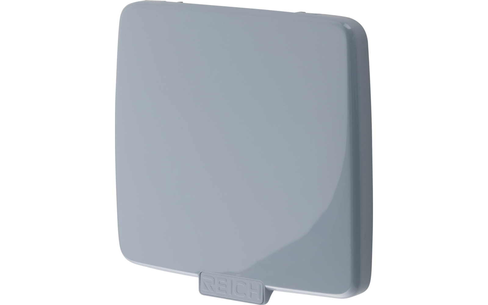 Couvercle carré en plastique gris-bleu clair, coins arrondis, surface brillante et petite languette rectangulaire en bas avec inscription en relief REICH