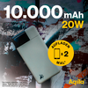 Batterie externe blanche à côté d'un smartphone, texte indiquant capacité 10 000 mAh et puissance 20W