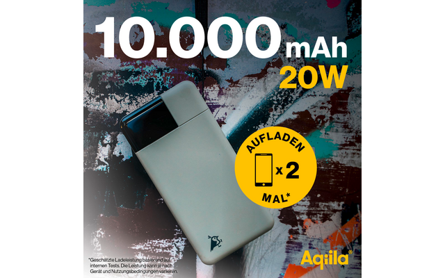 Batterie externe blanche à côté d'un smartphone, texte indiquant capacité 10 000 mAh et puissance 20W