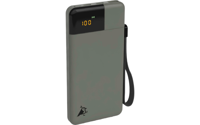 Chargeur portable gris avec affichage numérique et sangle noire