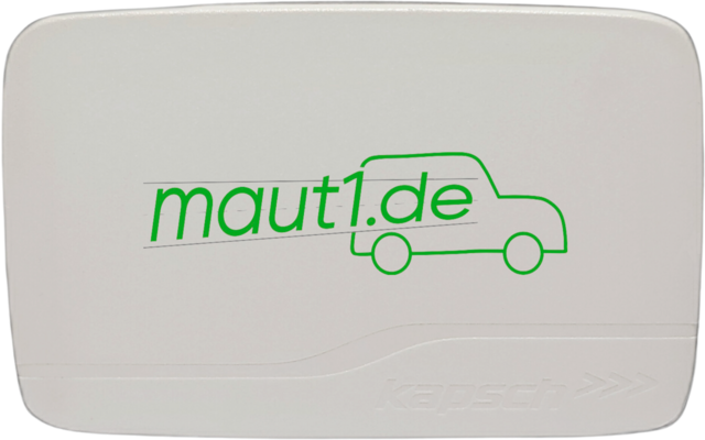 Weißes elektronisches Gerät mit grünem Schriftzug maut1.de und Auto-Symbol, eingeprägter Schriftzug Kapsch