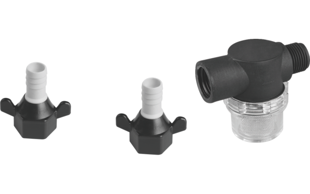 Drei Kunststoffteile: links zwei kleine weiße zylindrische Stücke auf schwarzer sechseckiger Basis mit seitlichen Flügeln; rechts ein größeres schwarzes T-förmiges Teil mit transparentem, gewindebesetztem Zylinder