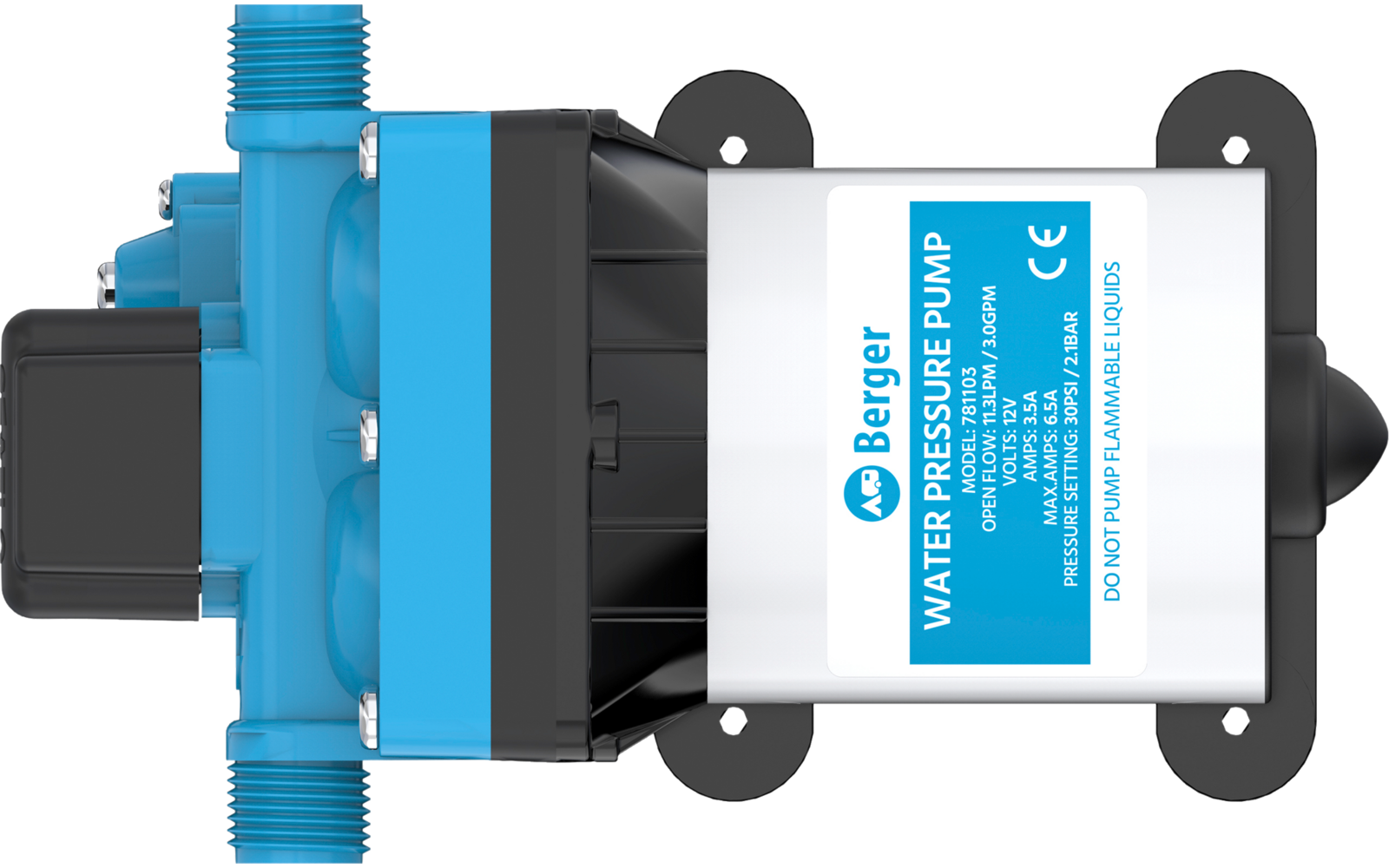 Blaue, schwarze und silberne Pumpe mit weiß-blauem Etikett mit Text 'Berger WATER PRESSURE PUMP'