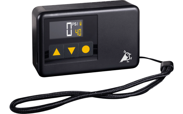 Appareil de mesure numérique noir avec écran jaune et trois boutons jaunes, bracelet noir fixé
