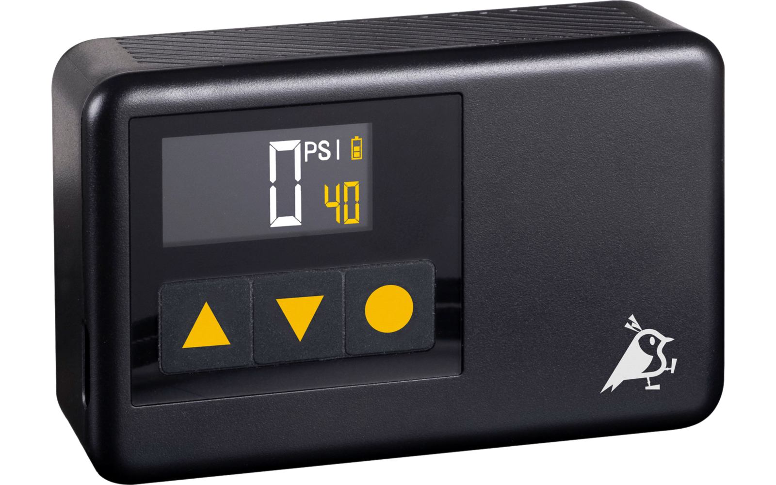 Un appareil électronique noir avec un écran et trois boutons de commande jaunes