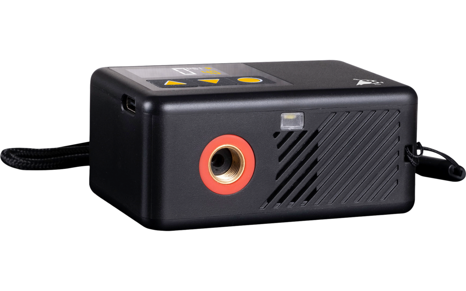 Radio portable noire avec bouton de volume orange, écran et sangle de transport