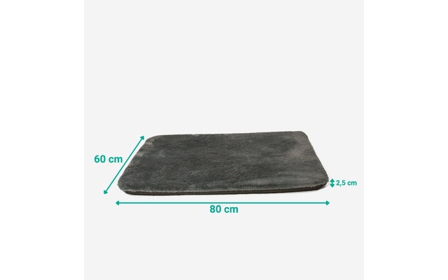 Dunkelgraue rechteckige flache Matte auf weißem Hintergrund, grüne Pfeile zeigen 80 cm Breite, 60 cm Tiefe und 2,5 cm Dicke