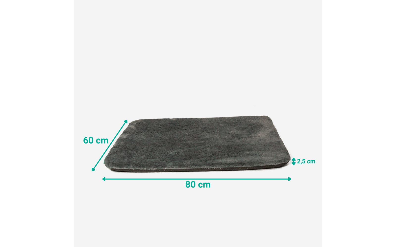 Dunkelgraue rechteckige flache Matte auf weißem Hintergrund, grüne Pfeile zeigen 80 cm Breite, 60 cm Tiefe und 2,5 cm Dicke