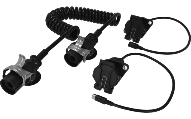 Zwei schwarze Spiralanschlusskabel mit Steckern an beiden Enden, zwei Adapter mit kurzen Kabeln