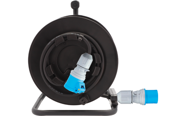 Schwarze Kabeltrommel mit blauem Stecker und Kabel