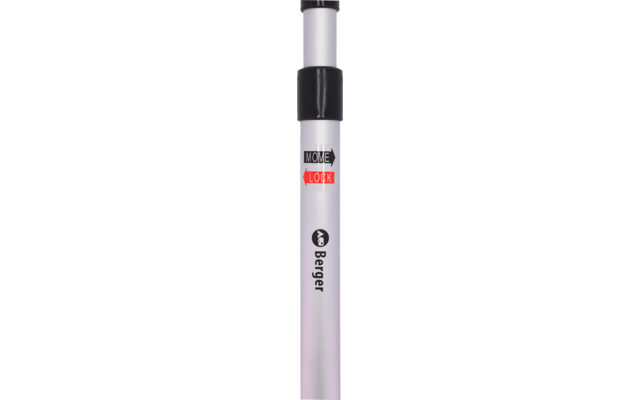 Weißer, vertikal gezeigter Stab mit schwarzer Kappe oben, schwarzem Mittelband und schwarzem Boden; Aufkleber mit schwarzer Pfeilgrafik und weißer Schrift MOVE, rotes Rechteck mit weißer Schrift LOOK, schwarzer Schriftzug Berger und rundes Logo