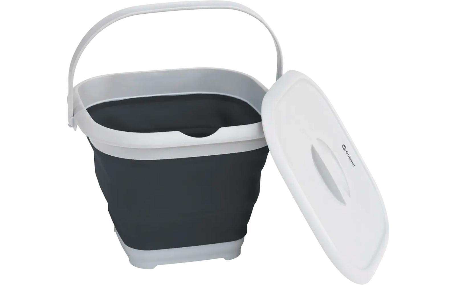 Compacte emmer met zwart lichaam en wit handvat, naast een bijpassende witte deksel