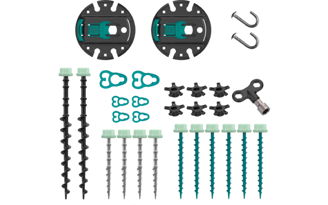 Two round black discs with teal centers; two curved silver hooks; two black spiral rods with mint-green caps; two large teal keyhole-shaped plastic pieces; six small teal drop-shaped plastic pieces; eight black star-shaped plastic pieces; one black T-shaped handle with a silver tip; four silver screws with mint-green heads; six long teal threaded screws