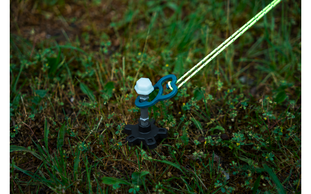 Schwarzes sternförmiges Kunststoffteil mit Metallstange und weißer Kunststoffkappe, blau-grüne Klemme hält zwei neon-gelbe Leinen auf Gras