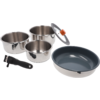Drei Edelstahltöpfe mit Deckeln und eine Pfanne mit einem abnehmbaren Griff