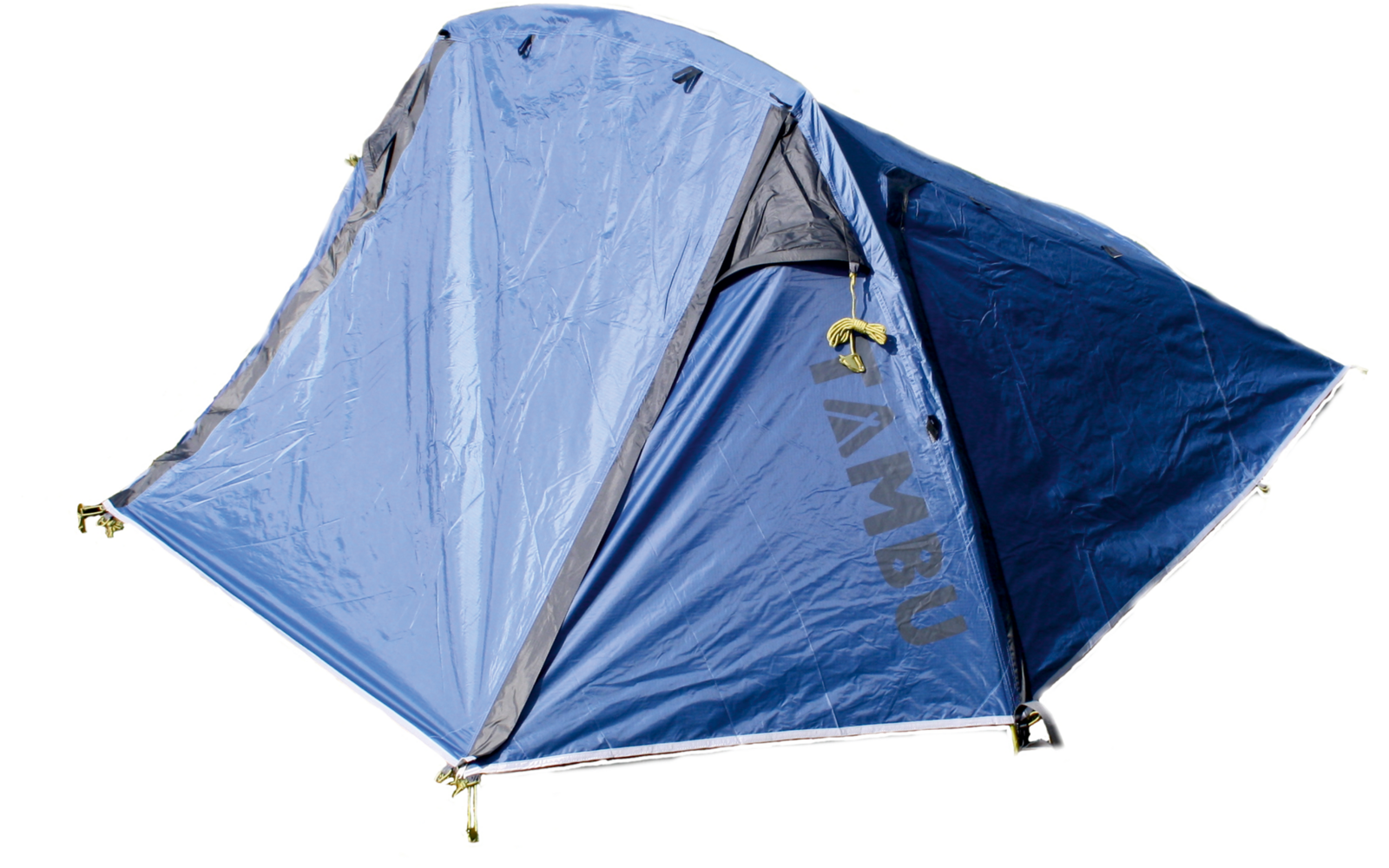 Blue tent on white background, lighter front panel, darker back panel, side lettering 'AMBU', visible zipper and stake attachment points
