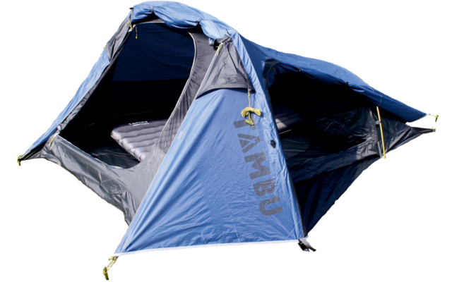 Blue tent with open entrance; an inflated air mattress inside; on a white background