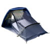 Small blue one-person tent with open mesh door and an inflated sleeping pad inside