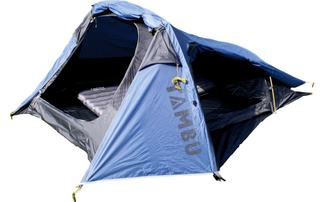 Tente bleue à entrée ouverte; à l'intérieur un matelas gonflé; sur fond blanc