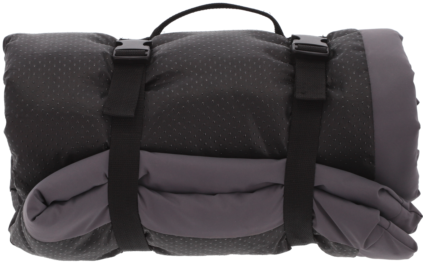 Gefaltete, graue Reisetasche mit schwarzem Griff und schwarzen Gurten