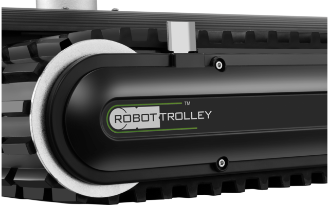 Nahaufnahme einer schwarzen Gummikette mit weißer Rollenabdeckung, sichtbarem Schriftzug 'ROBOT TROLLEY', einer grünen Linie und Schrauben